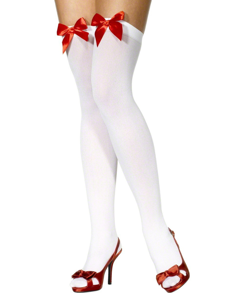 Thigh High Stockings White and Red, with Bows