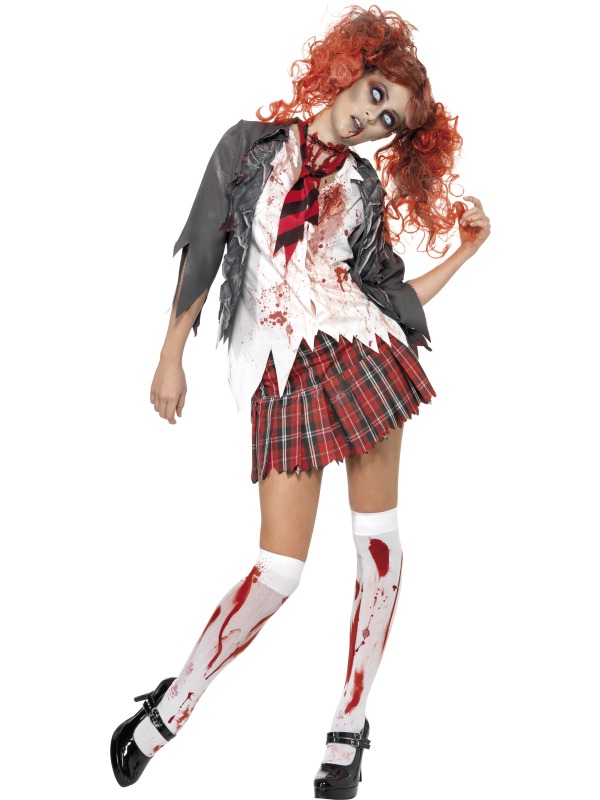 High School Horror Zombie Schoolgirl Costume, Grey