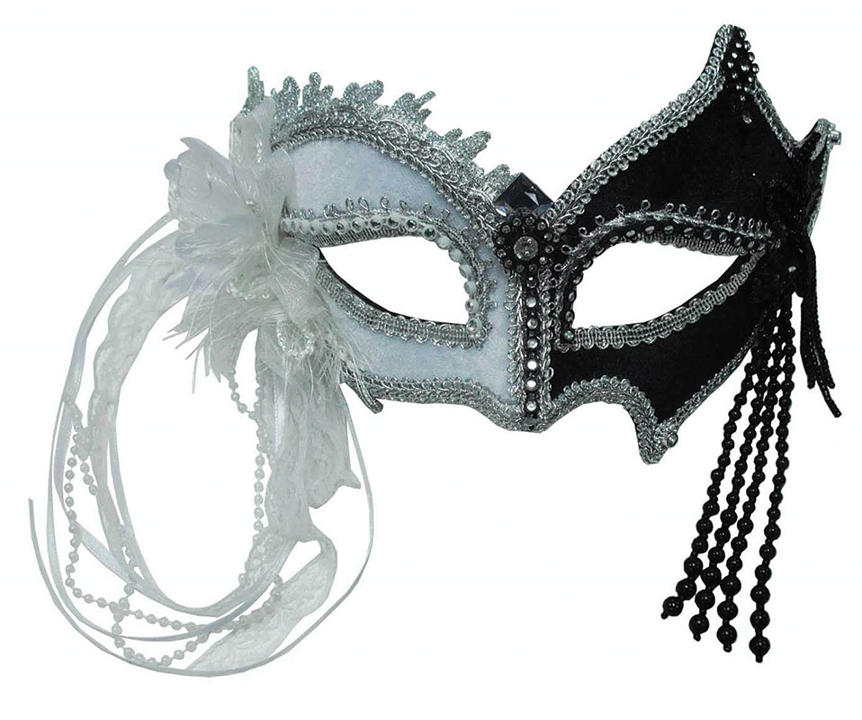 Black and white mask with tassels